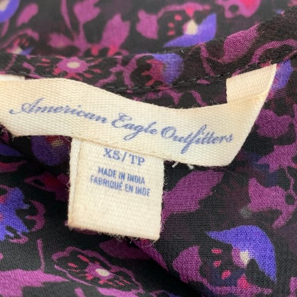 American Eagle Outfitters Purple Floral Blouse Cinched Waist Short Sleeve XS - Picture 3 of 11